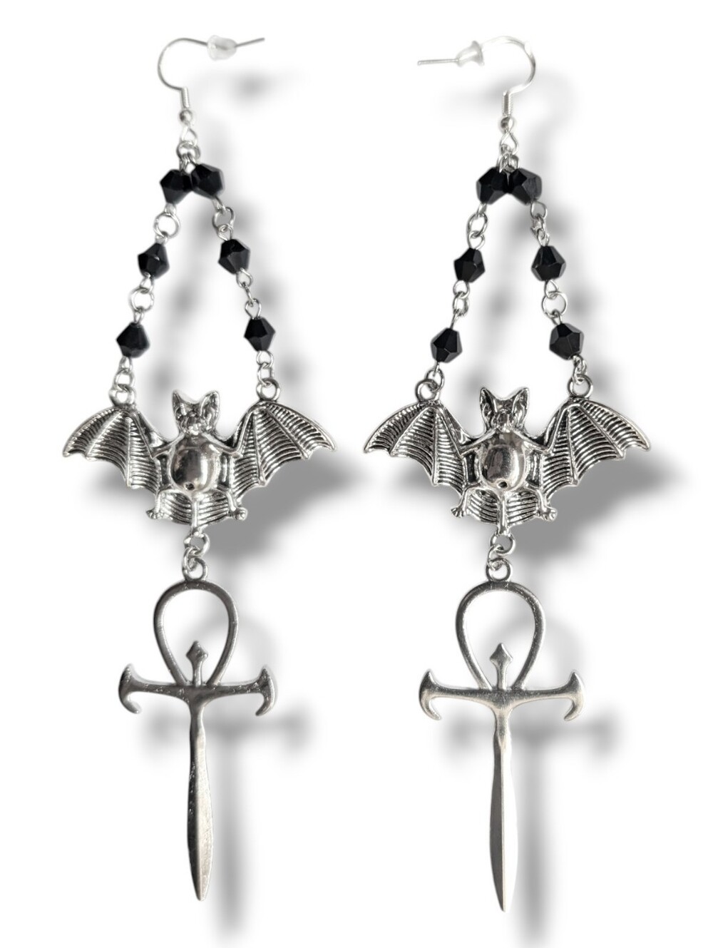 NWT Handmade Long Silver Bat Ankh and Black Gem Earrings